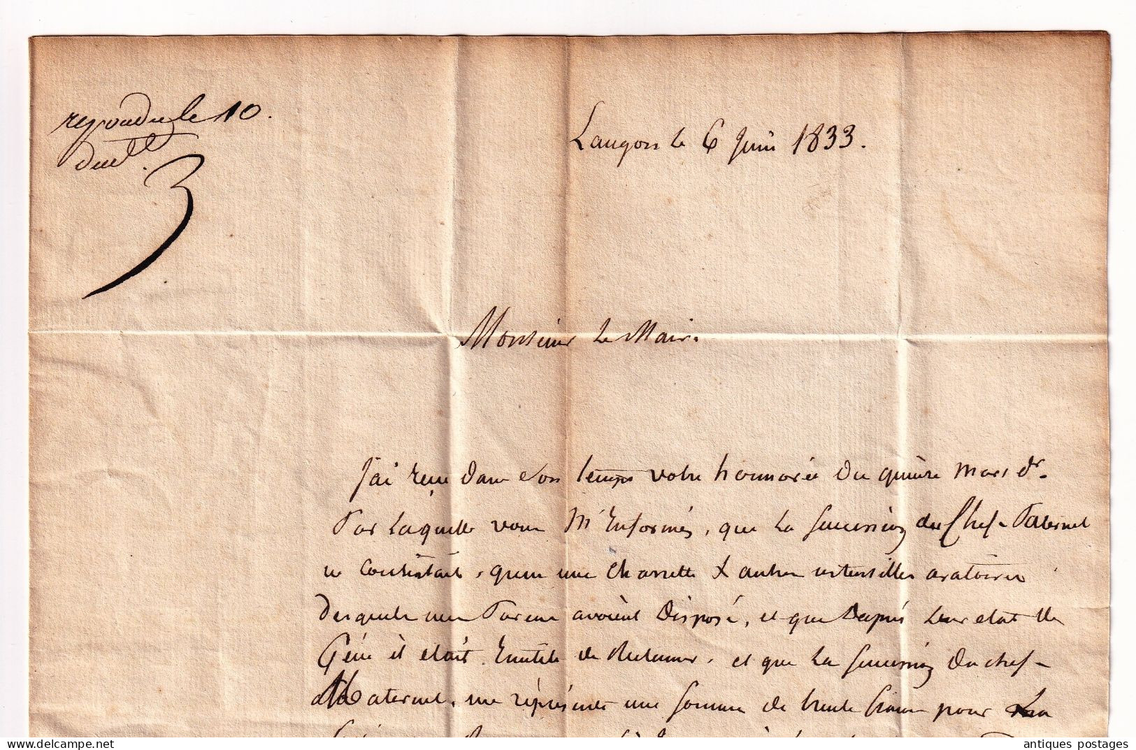 Lettre 1833 Port Payé avec Correspondance Langon Gironde Maire Verdun sur Garonne Facteur