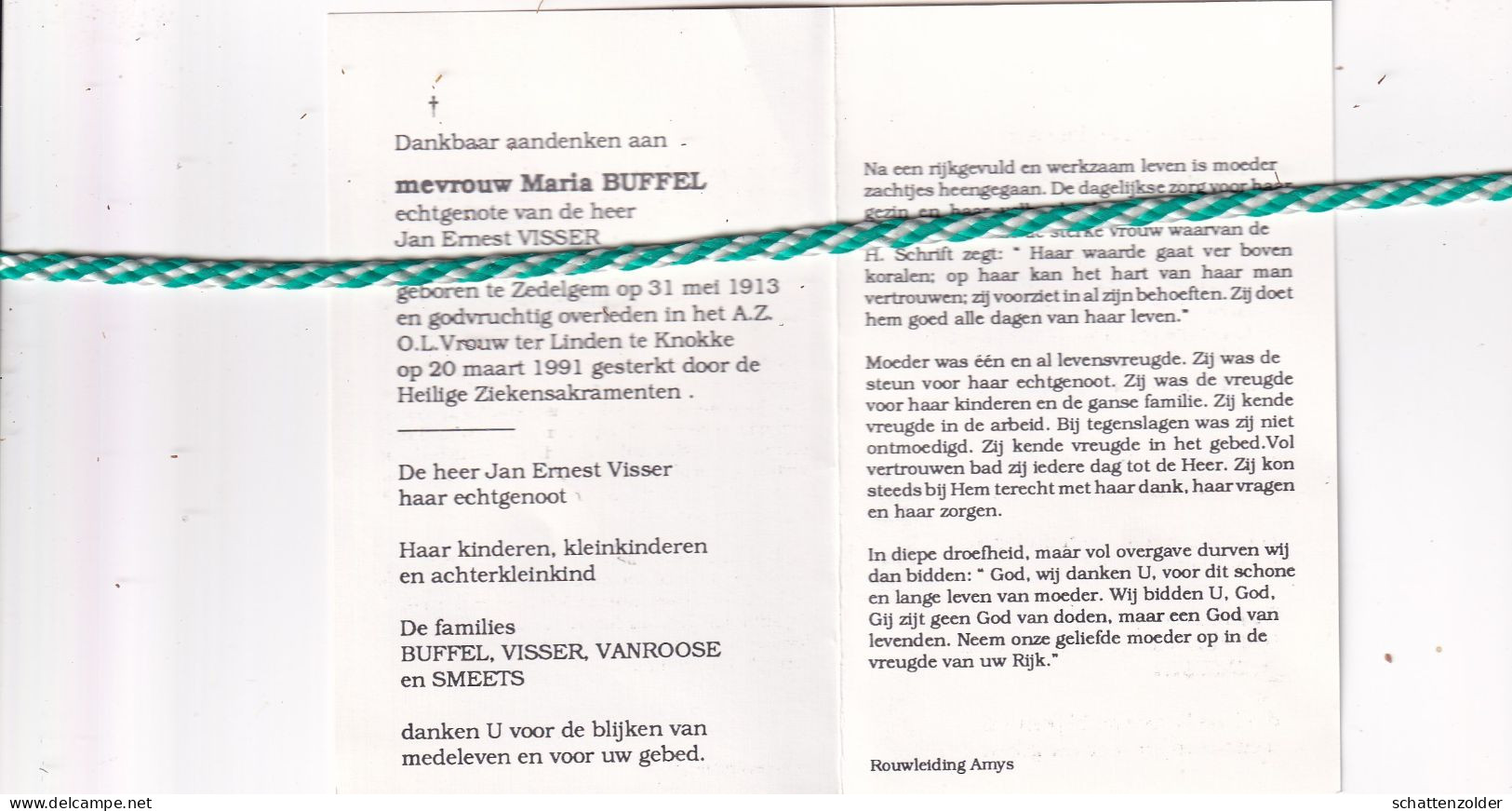 Maria Buffel-Visser, Zedelgem 1913, Knokke 1991 - Todesanzeige