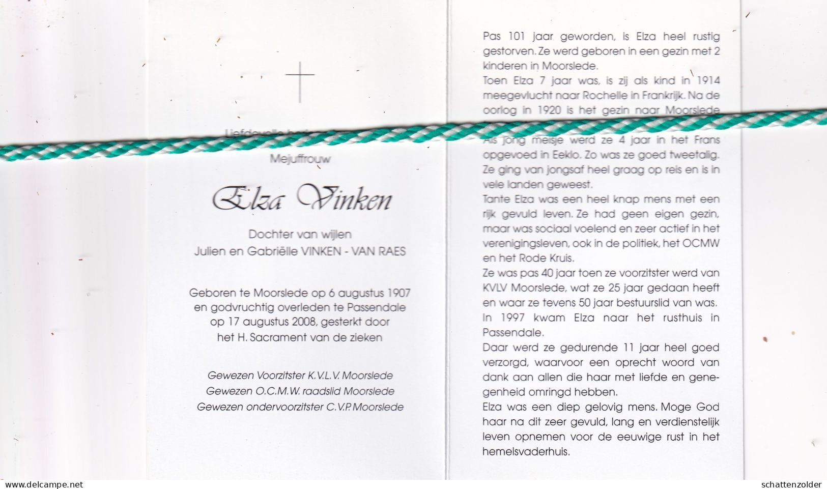 Elza Vinken-Van Raes, Moorslede 1907, Passendale 2008. Honderdjarige. Foto - Obituary Notices