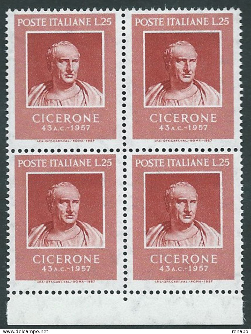 Italia 1957; Cicerone, Bimillenario Della Sua Morte. Quartina Di Bordo Inferiore. - 1946-60: Mint/hinged