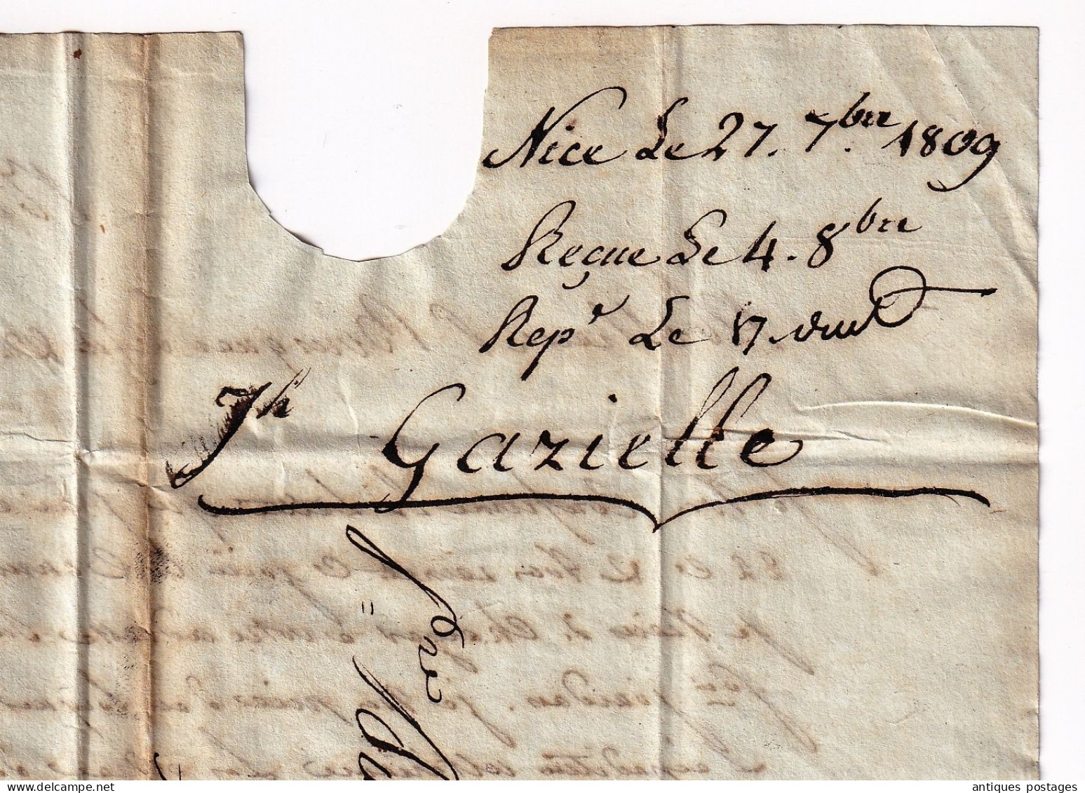 Lettre Nice 1809 Gazielle Alpes Maritimes Agde Tartane Bateau Barrique Huile d'Olive Olive Oil