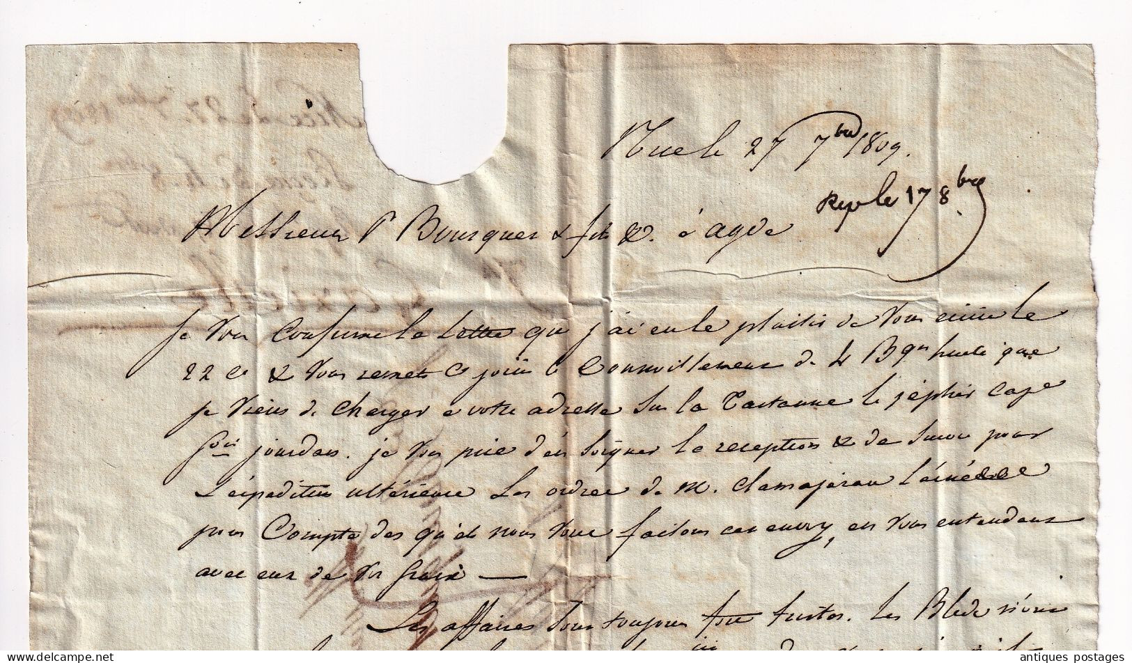 Lettre Nice 1809 Gazielle Alpes Maritimes Agde Tartane Bateau Barrique Huile d'Olive Olive Oil