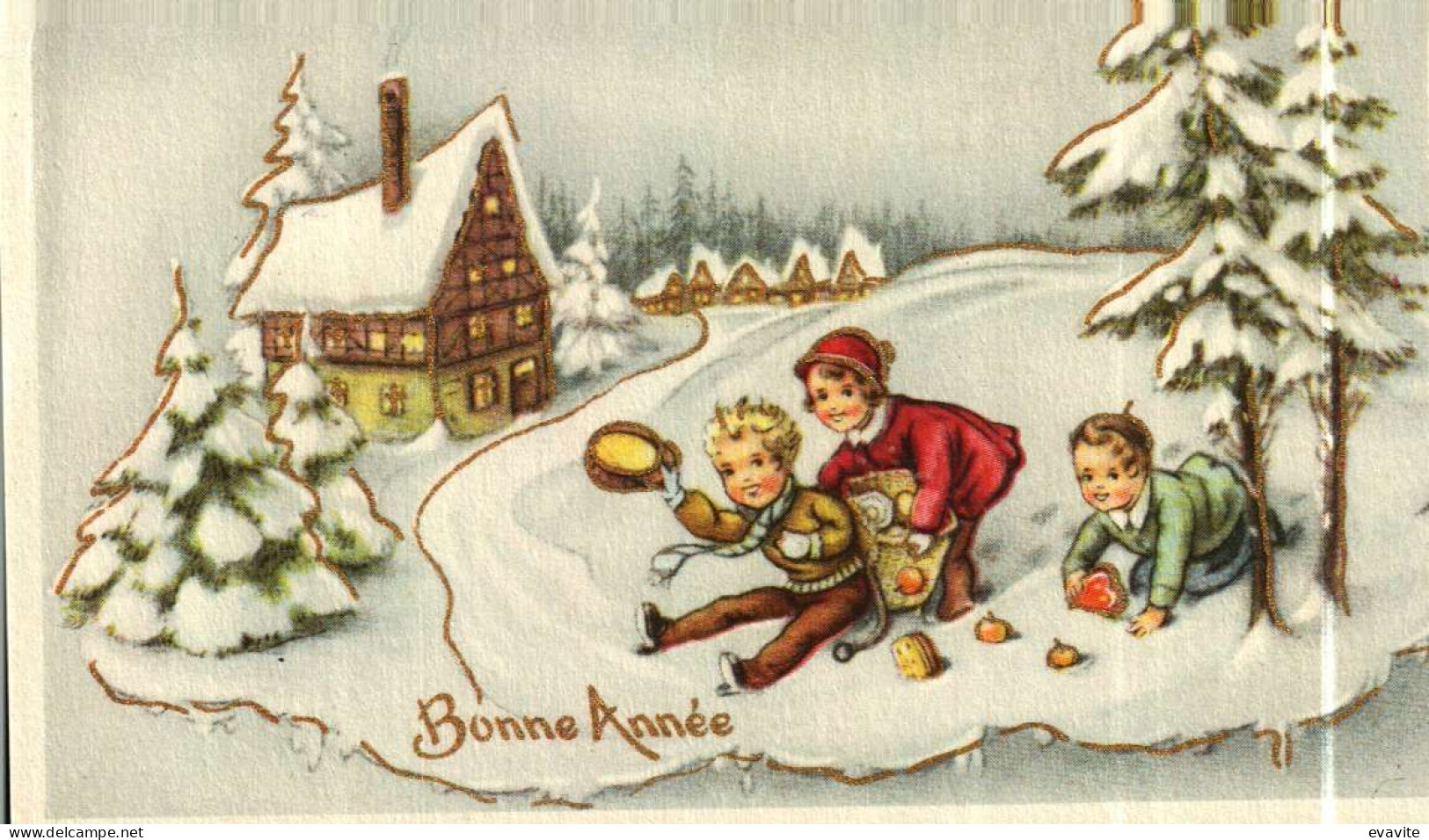 Petite Carte Mignonette       Bonne Année   Village, Neige, Enfants - New Year