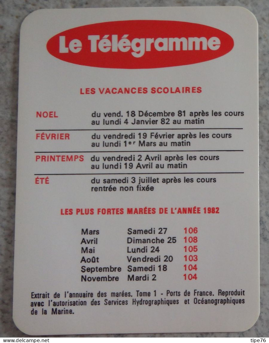 Petit Calendrier De Poche 1982 Journal Le Télégramme - Small : 1981-90