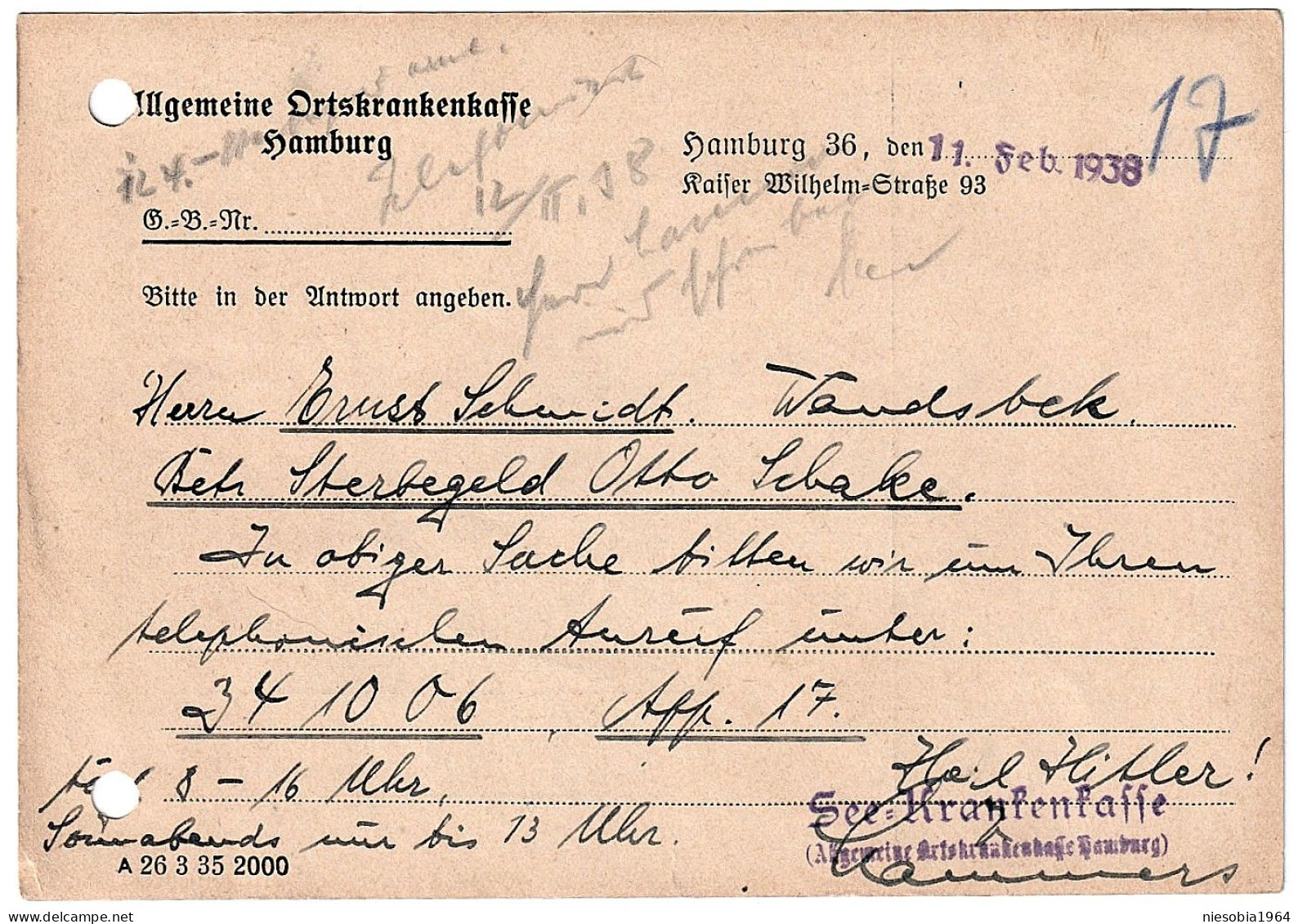 See Health Insurance, Company Postcard Seal DR 005 Hamburg 02/11/1938 / SEE-KRANKENKASSE Hamburg - Postcards
