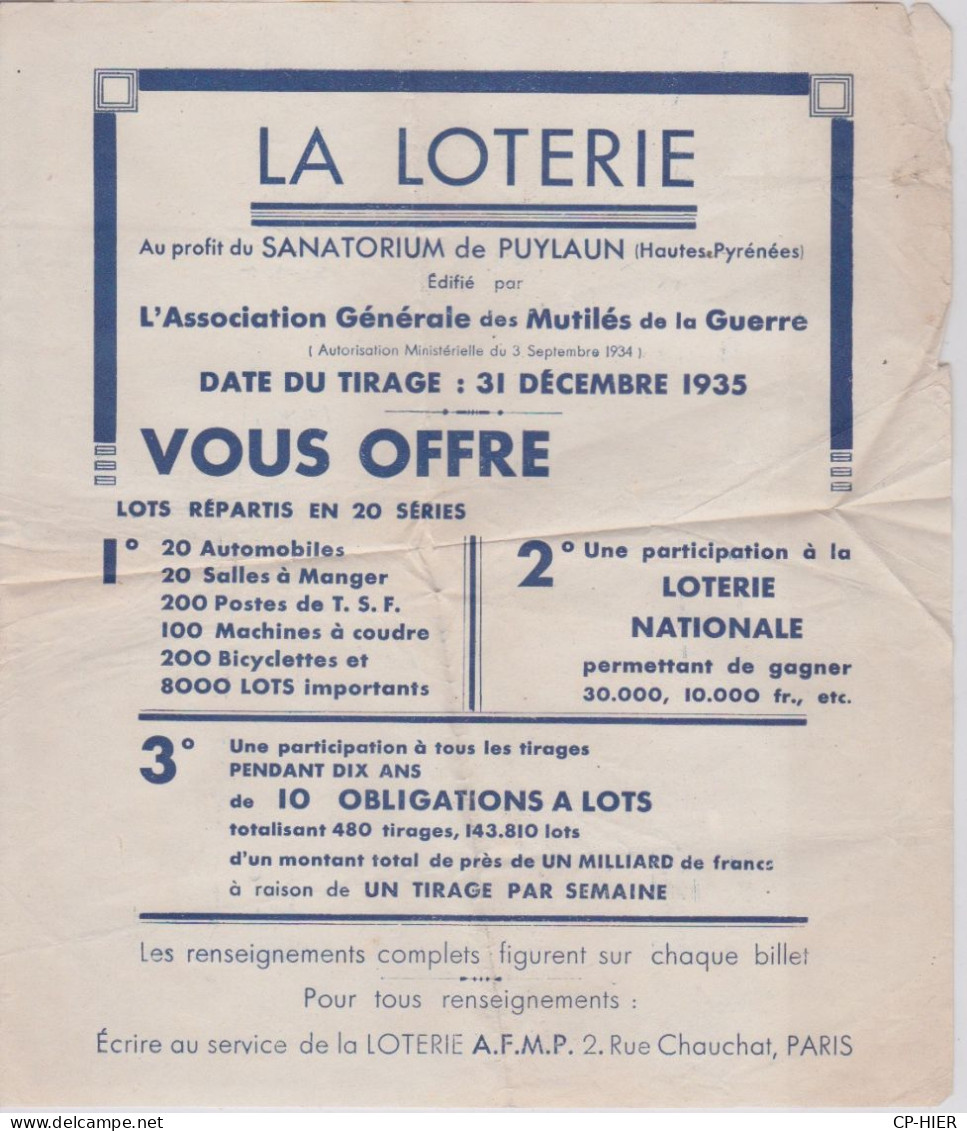 THEME  LA LOTERIE - AU PROFIT DU SANATORIUM DE PUYLAÜN 65 - AARENS - Documents Historiques