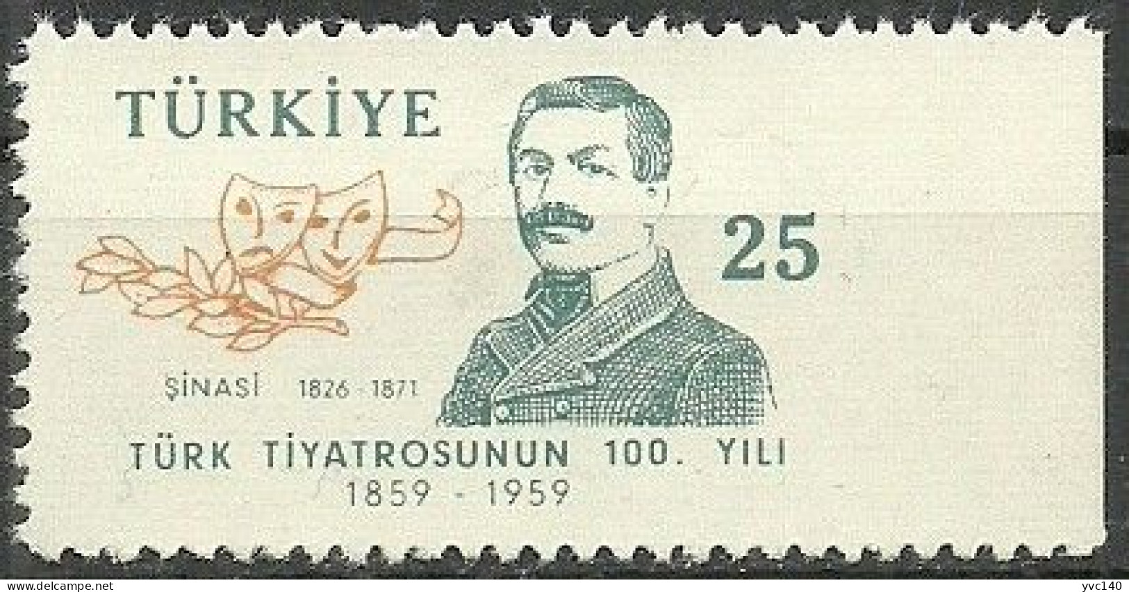 Turkey; 1959 100th Anniv. Of The Turkish Theater 25 K. ERROR "Imperf. Edge" - Unused Stamps