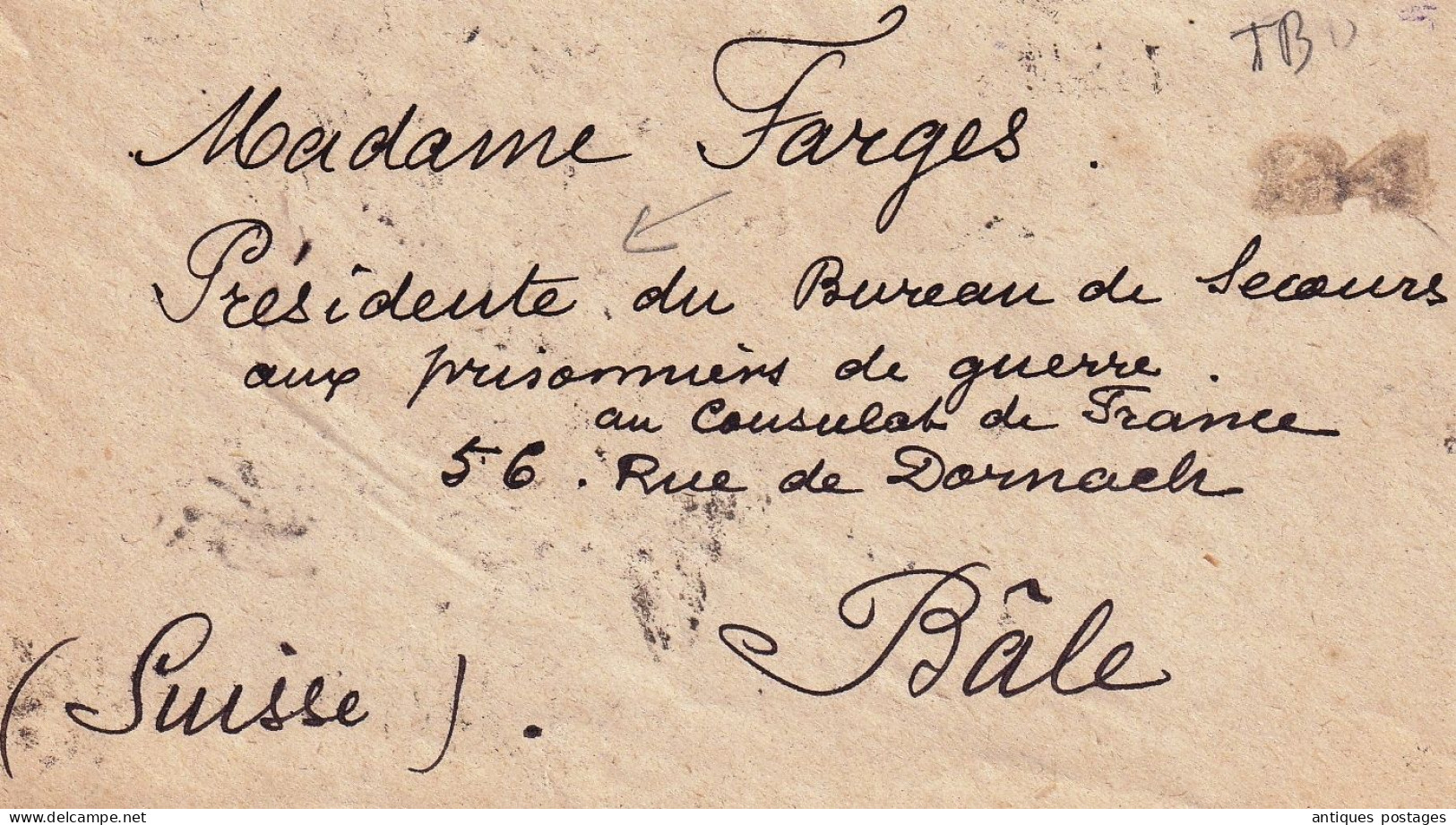 Bordeaux Gironde 1917 Bureau De Secours Aux Prisonniers De Guerre Farges Première Guerre Mondiale Censure Militaire Bâle - 1. Weltkrieg 1914-1918