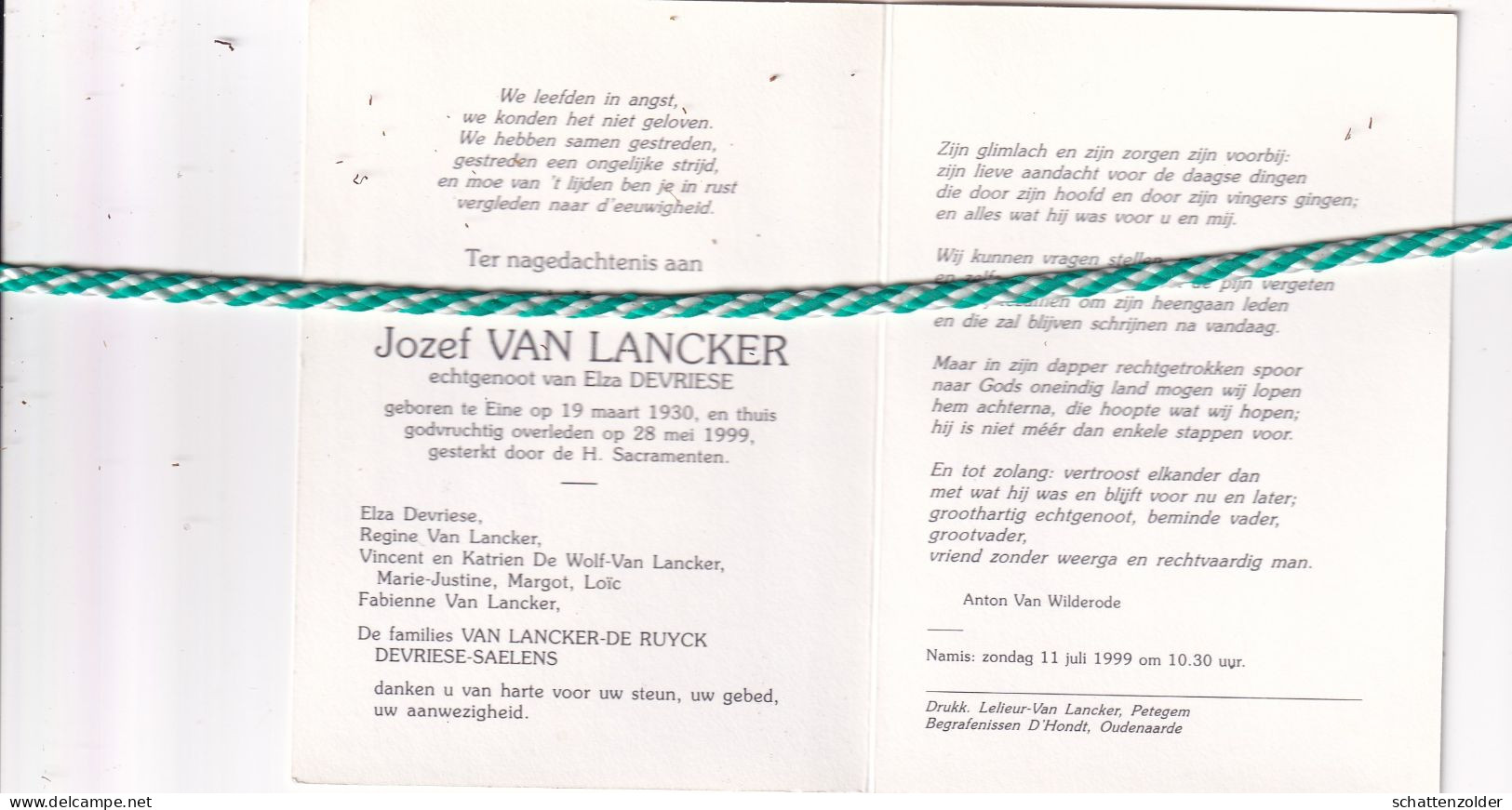 Jozef Van Lancker-Devriese, Eine 1930, 1999. Foto Schilderij - Todesanzeige