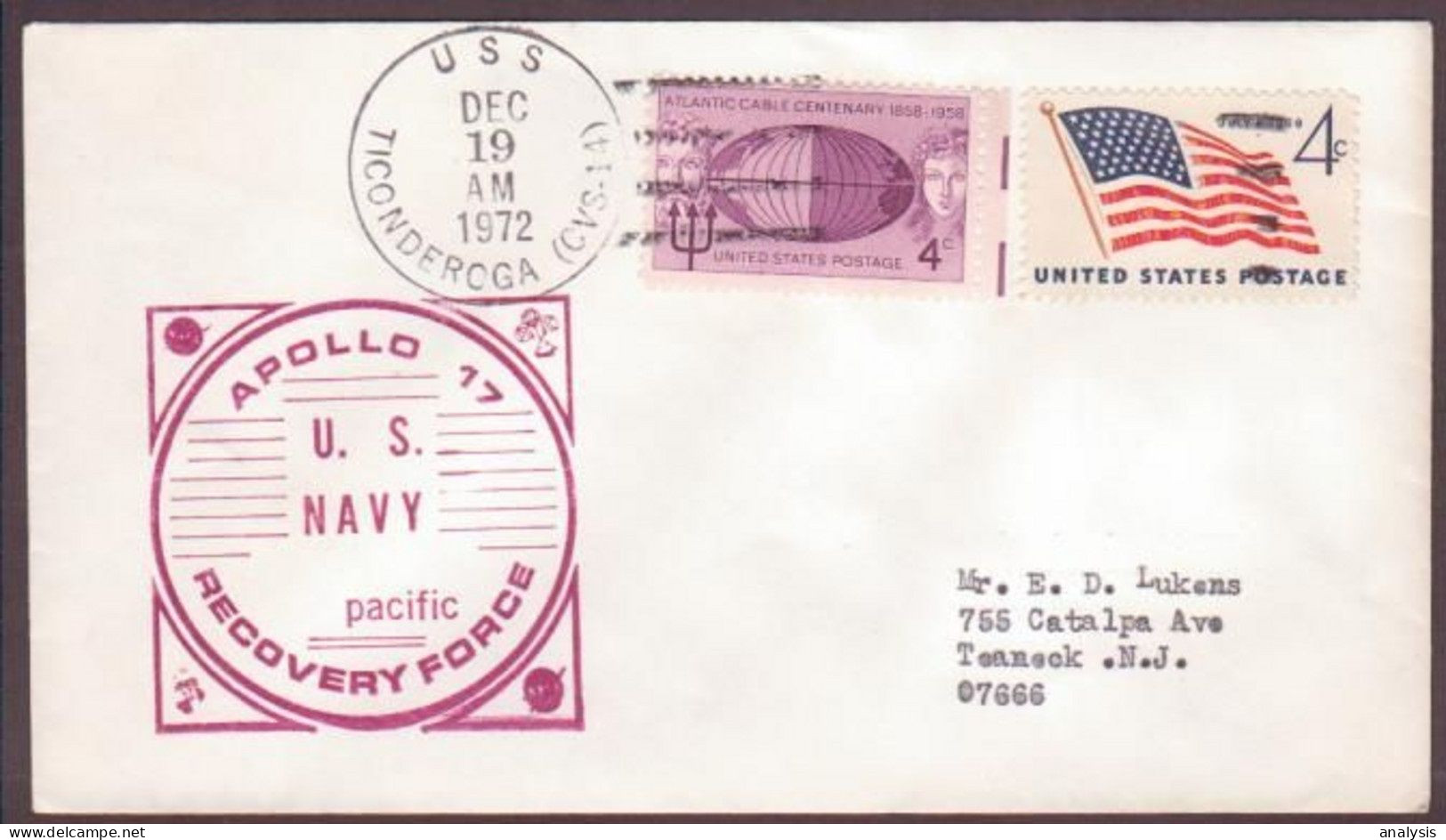 US Space Cover 1972. "Apollo 17" Recovery. USS Ticonderoga - Etats-Unis