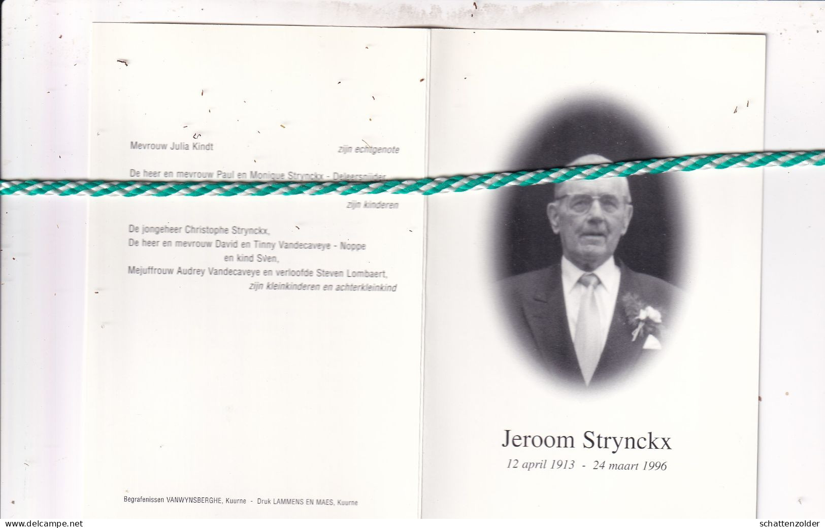 Jeroom Strynckx-Kindt, Kuurne 1913, Kortrijk 1996. Oud-strijder 40-45. Foto - Obituary Notices