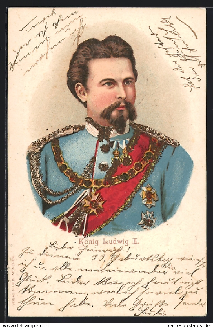 Lithographie Ludwig II. In Uniform Mit Orden Und Schärpe  - Familles Royales