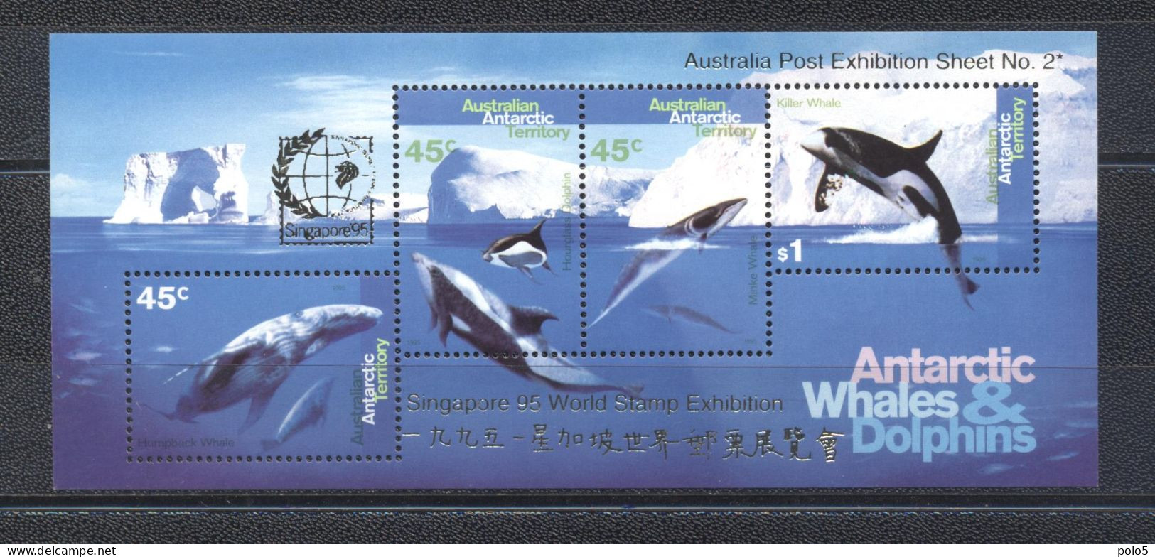 Australian Antarctic Territory 1995- Whales & Dolphins Overprinted "Singapore Expo World Stamp Exhibition" M/Sheet - Nuovi