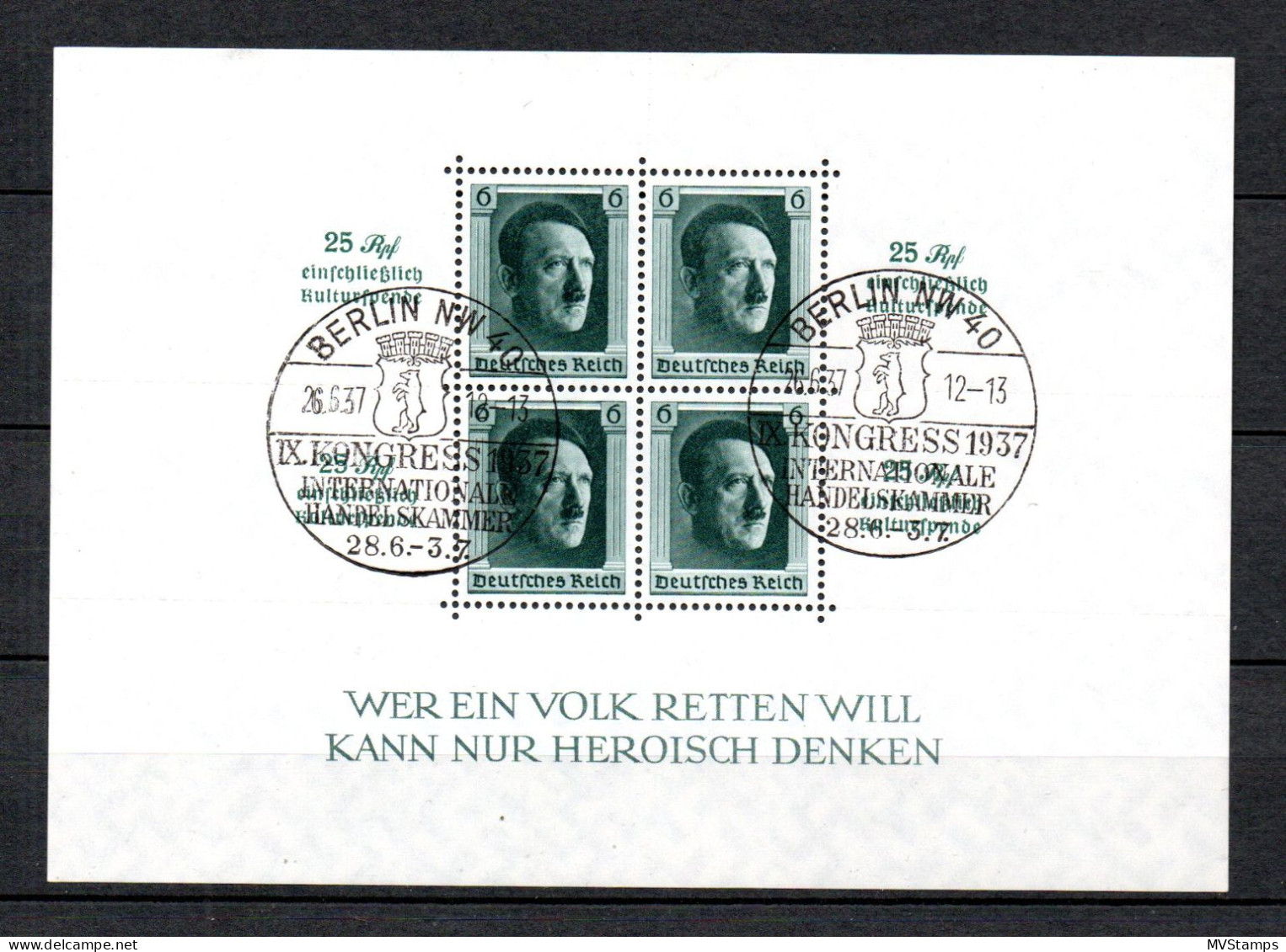 Germany 1937 Sheet Definitive Hitler Culture Stamps (Michel Block 9) Used - Blocs