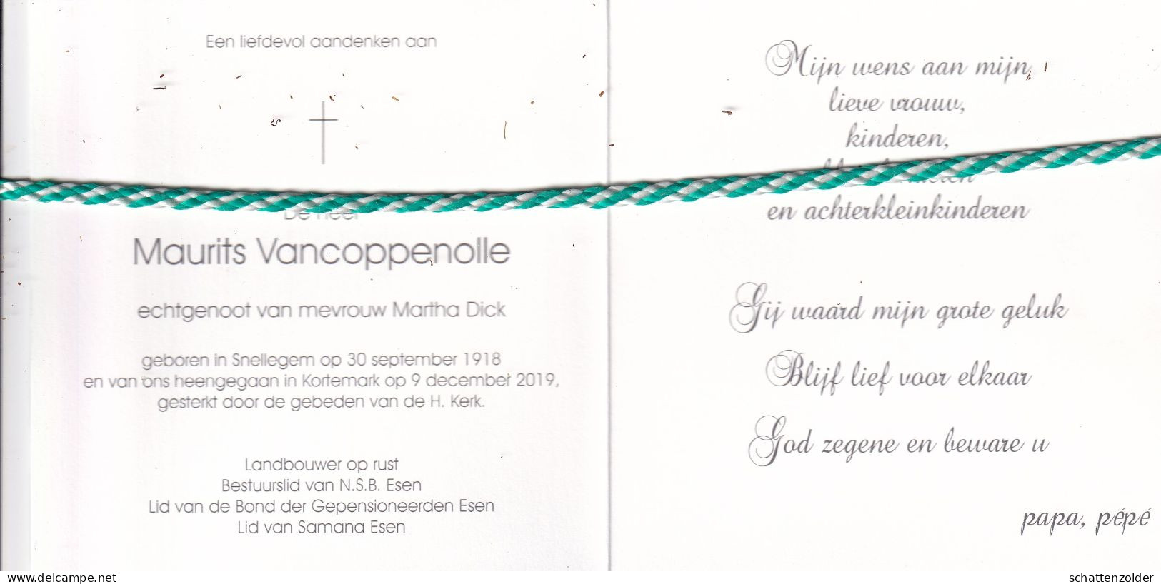 Maurits Vancoppenolle-Dick, Snellegem 1918, Kortemark 2019. Honderdjarige. Foto - Obituary Notices