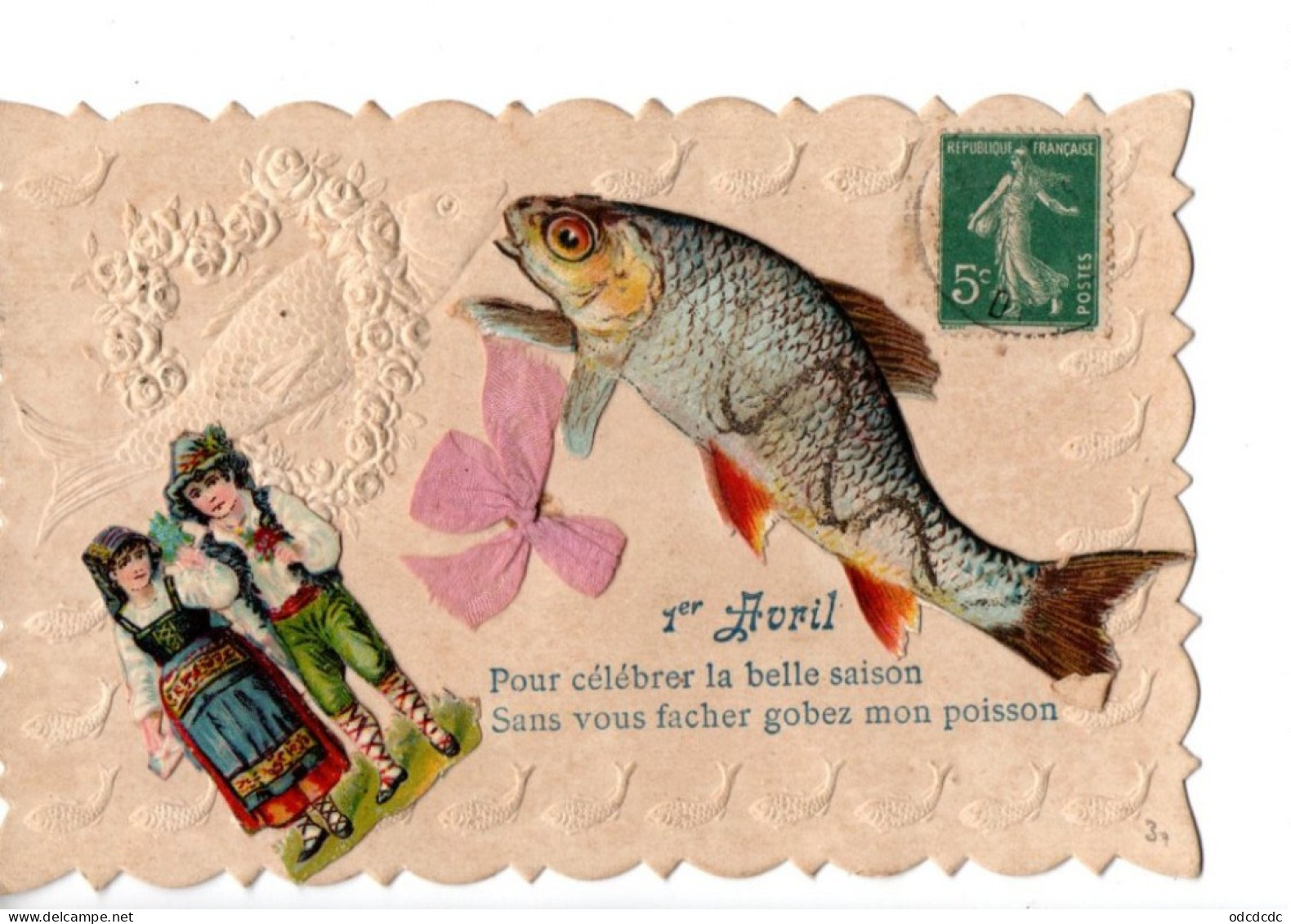 Carte Gauffée  Ajoutis 1er Avril Poisson Enfants Petit Noeud Rose Poème    RV - 1 April (aprilvis)