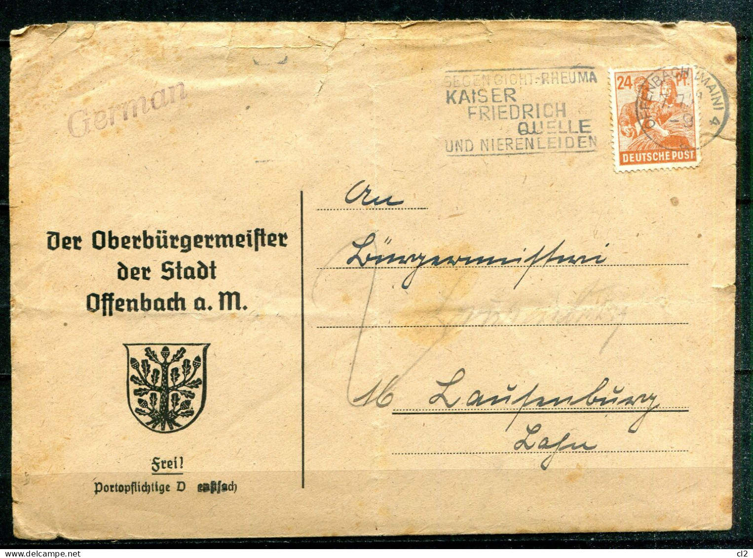 ALLEMAGNE - ZONE A.A.S.- "Gegen Gicht-Rheuma Und Nierenleiden Kaiser Friedrich Quelle" - Offenbach A.M. - Cartas & Documentos