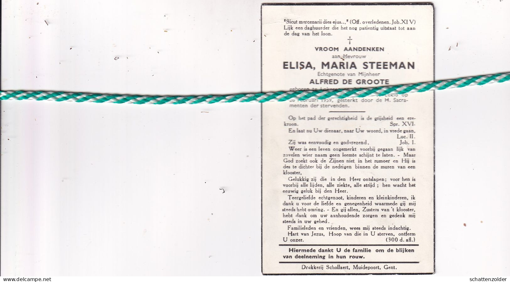Elisa Maria Steeman-De Groote, Lokeren 1881, Eeklo 1959 - Todesanzeige
