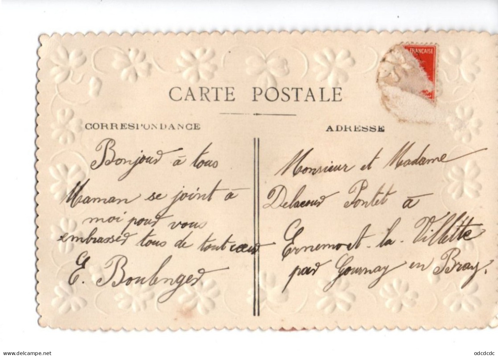 Carte Gauffrée  Ajoutis 1er Avril Poisson Hirondelle Lettre Rubans Roses      RV - April Fool's Day