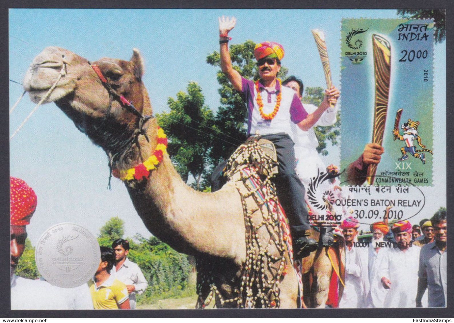Inde India 2010 Maximum Max Card Commonwealth Games, Sport, Sports, Shera Mascot Tiger, Baton Relay, Camel - Cartas & Documentos