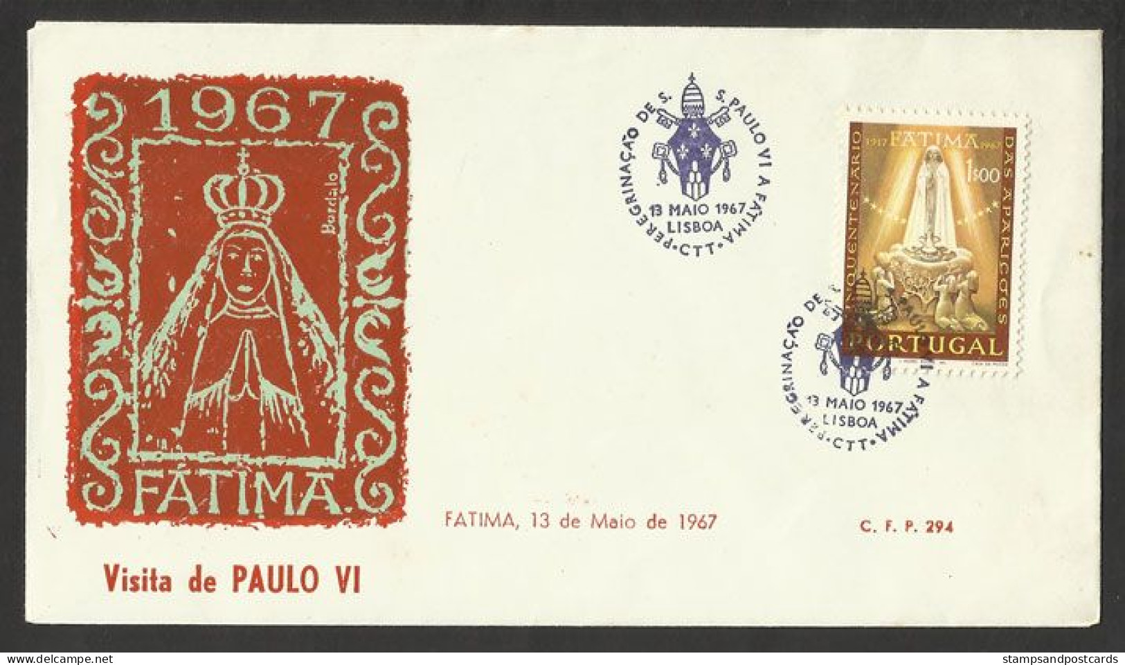 Portugal Cachet Commémoratif Lisbonne Visite Pape Paul VI A Fatima 1967 Paul VI Pope Visit Event Postmark - Pausen