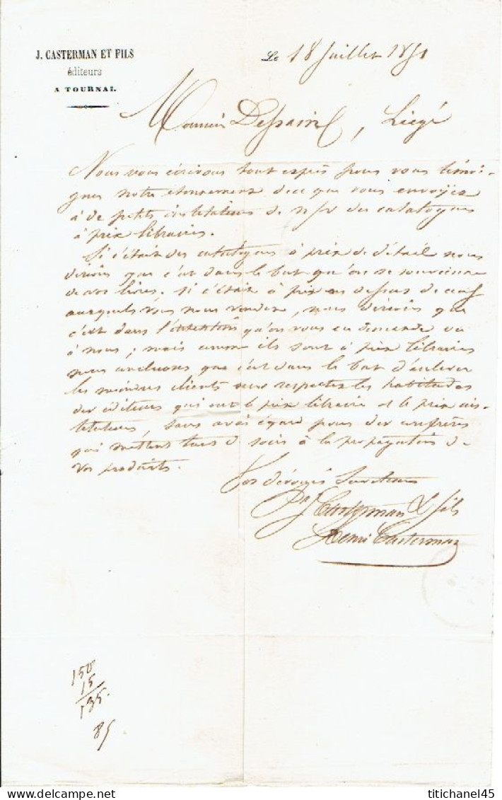 Médaillon N°7A Obl P120 17 Barres TOURNAI  S/LAC + Cachet Privé J. CASTERMAN ET FILS Editeurs-Imprimeurs à TOURNAI - 1851-1857 Médaillons (6/8)