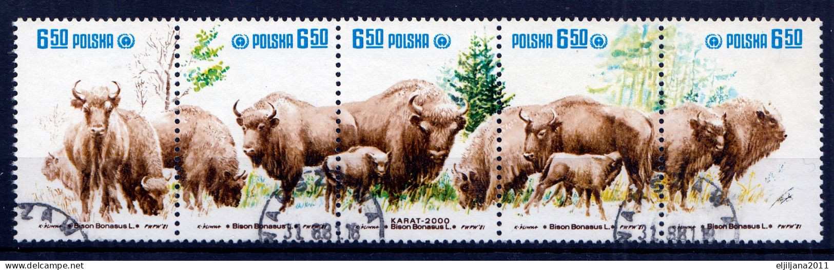 ⁕ Poland / Polska 1981 ⁕ Protection Nature European, Wild Bison Mi.2764-2768 ⁕ Used Strip Of 5 - Usados