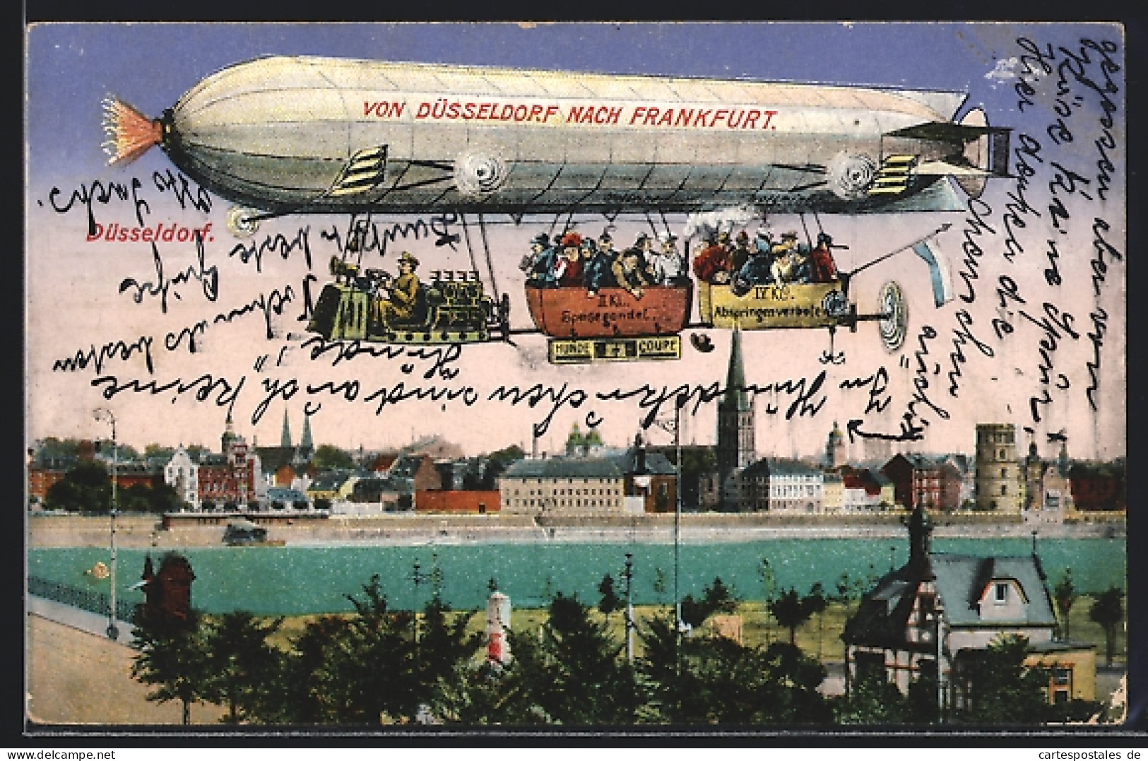 AK Düsseldorf, Ortspartie Mit Zeppelin-Luftschiff Von Düsseldorf Nach Frankfurt  - Airships