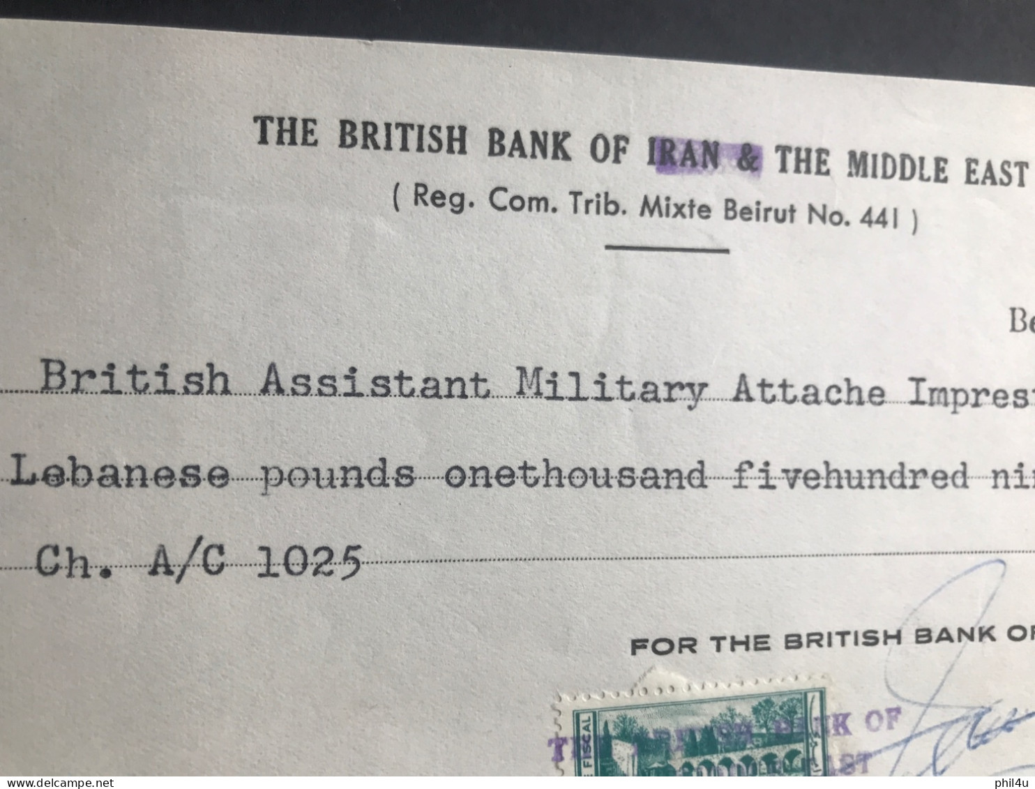 The British Bank Of The Iran & Middle East Credited British Assistant Military Attaché A/C 1025 Timbre Stamp Beirut - Iran