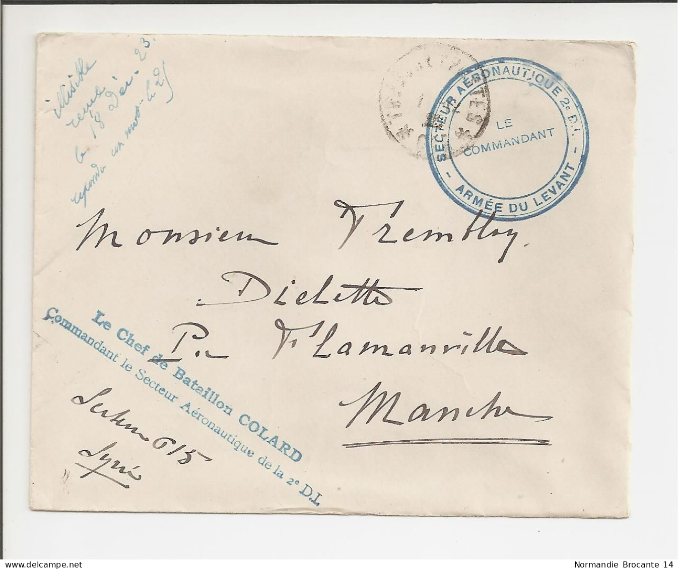 Lettre Avec Cachet Secteur Aéronautique De La 2ème DI (Armée Du Levant En Syrie)  En 1923 - Armée De L'Air - Documents