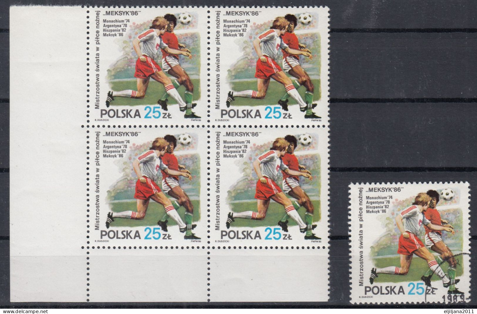 ⁕ Poland / Polska 1986 ⁕ Mexico - Football World Cup Mi.3028 ⁕ 1v Used + MNH Block Of 4 - Nuovi
