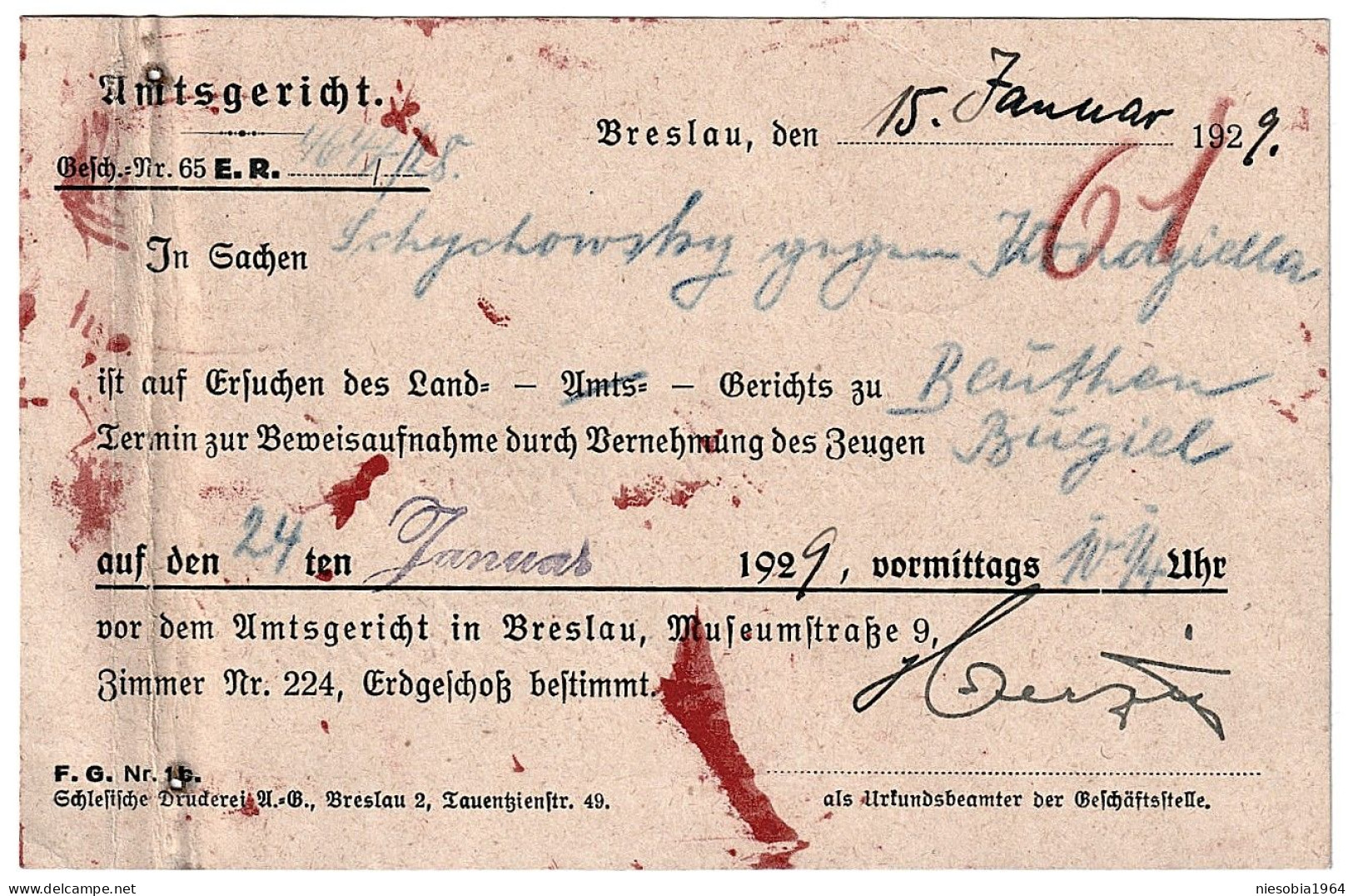 Prussia. Breslau District Court Companies Postcard Special Seal Judicial Authorities Breslau DR 008 - June 16, 1929 - Briefkaarten