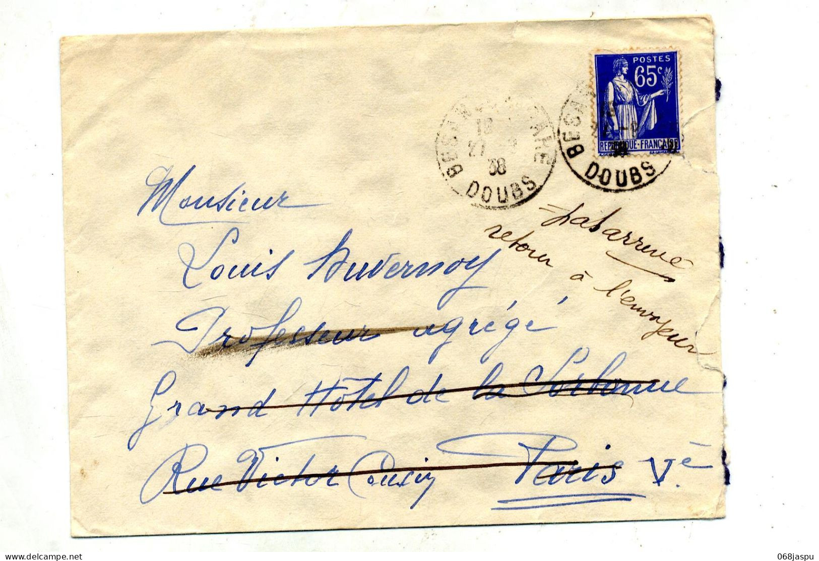 Lettre Besançon Sur Paix   Retour  Flamme Muette Paris - Manual Postmarks