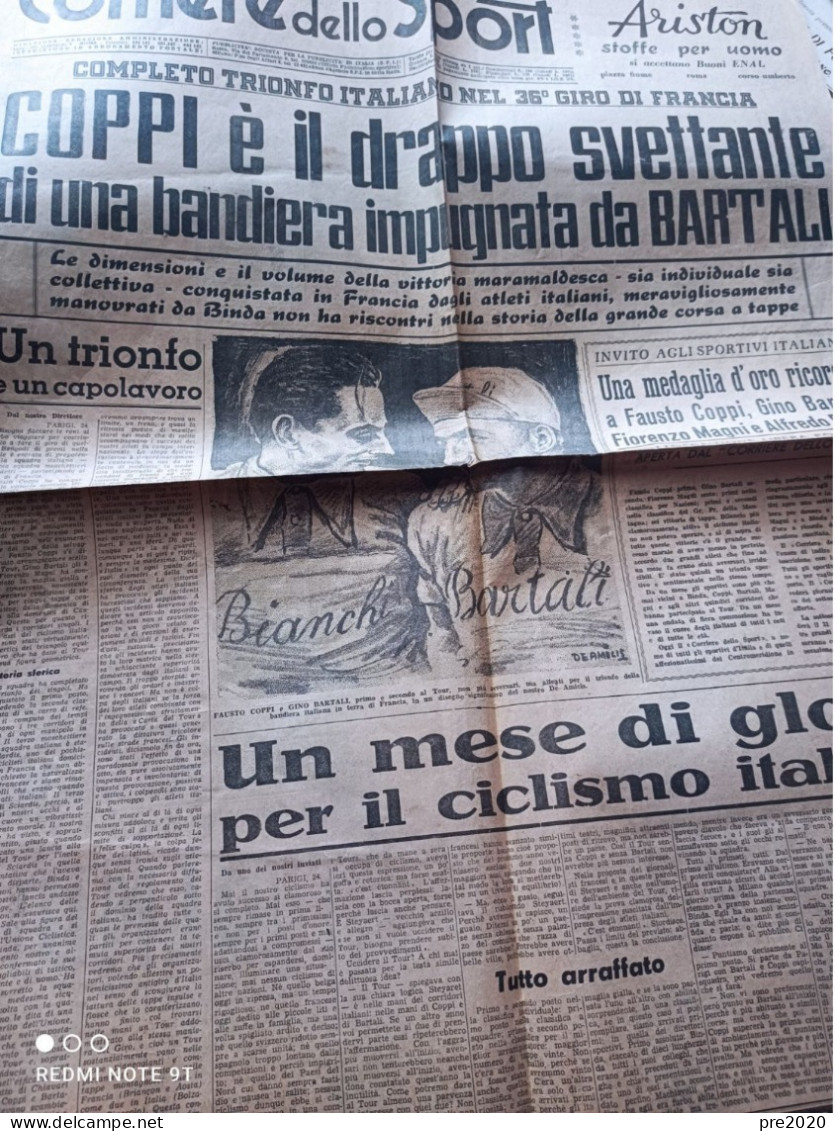 CORRIERE DELLO SPORT 25/7/1949 FAUSTO COPPI VINCE IL TOUR DE FRANCE GINO BARTALI - Andere & Zonder Classificatie