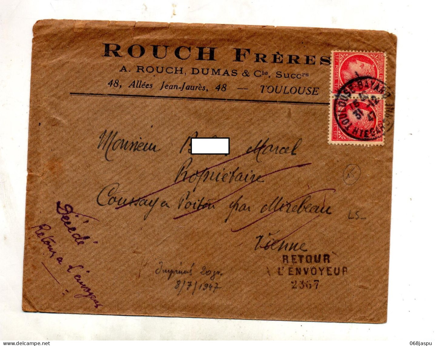 Lettre Cachet Toulouse Sur Ceres  Retour  Decedé - Manual Postmarks