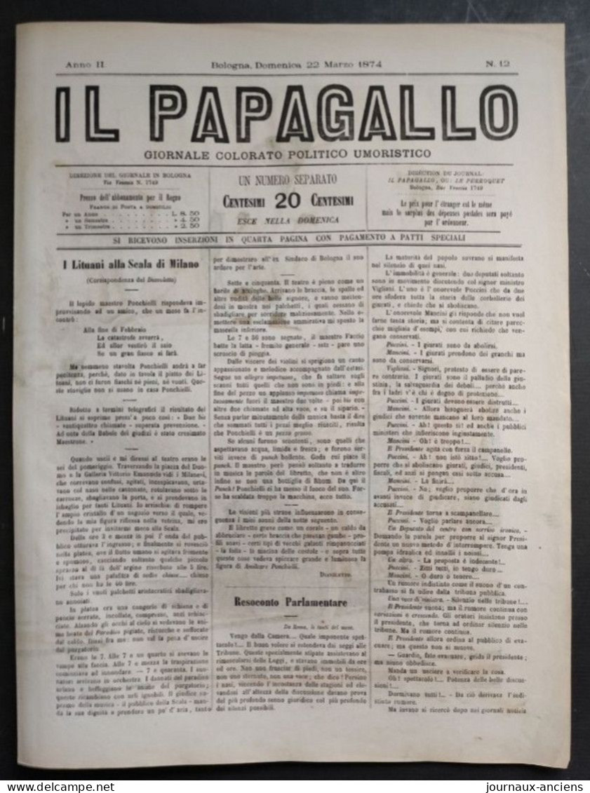 1874 Journal IL PAPAGALLO - Augusto GROSSI - CORRUPTION DU PARTI - VATICAN - CHAMBORD - RUSSIE