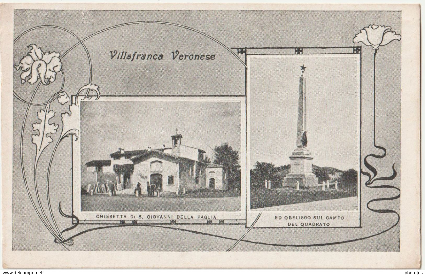 Cartolina Villafranca Di Verona (Italie) Due Vedute Chiesetta Er Obelisco   Decor Art Nouveau  Ed Giraldoni Tabacco RARA - Sonstige & Ohne Zuordnung
