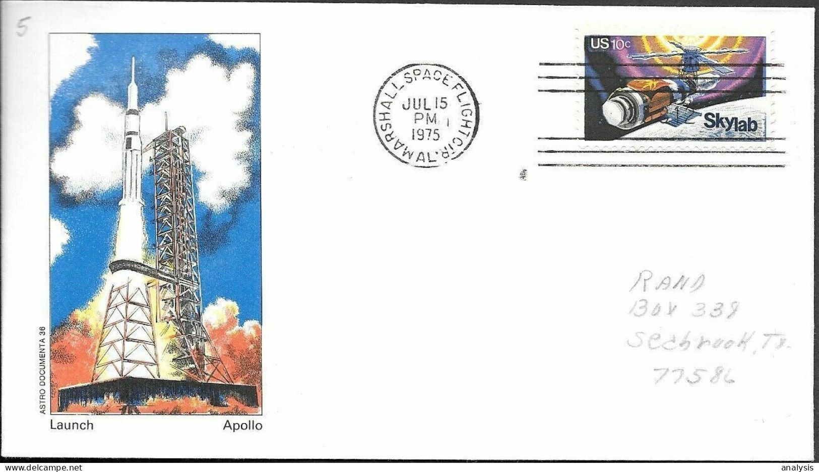US Space Cover 1975. ASTP Apollo - Soyuz Launch. Marshall SFC Astro Doc - Etats-Unis