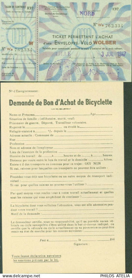 Guerre 40 Formulaire Neuf Demande De Bon D'achat De Bicyclette + Ticket Pour Achat Enveloppe Vélo Wolber - Guerre De 1939-45