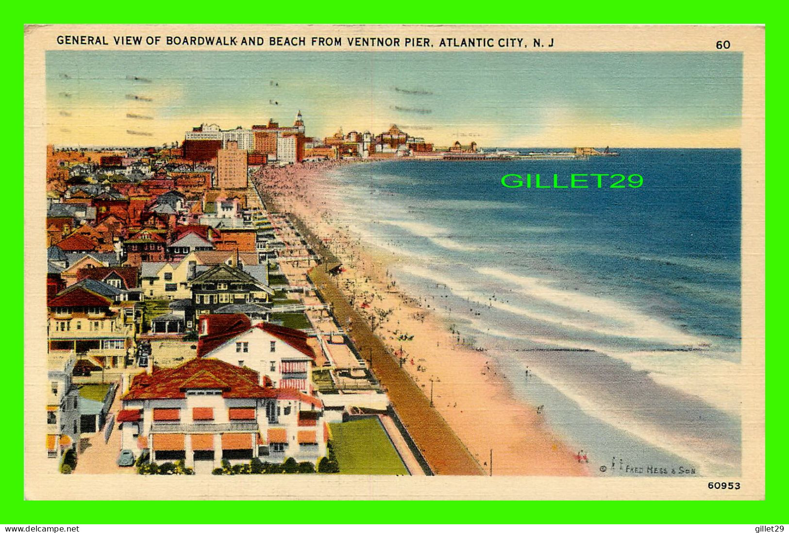 ATLANTIC CITY, NJ - GENERAL VIEW OF BOARDWALK AND BEACH FROM VENTNOR PIER -  TRAVEL IN 1940 -TICHNOR BROS INC - - Atlantic City