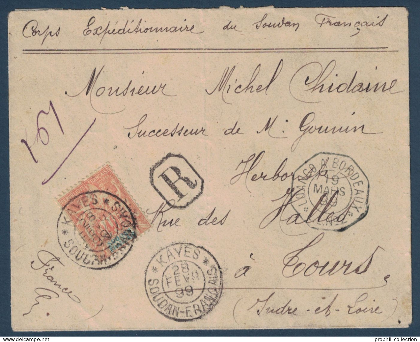 CAD " KAYES / SOUDAN FRANÇAIS " De 1899 Sur LETTRE RECOMMANDÉE TIMBR 40c Pour TOURS FRANCE MENTION CORPS EXPEDITIONNAIRE - Lettres & Documents