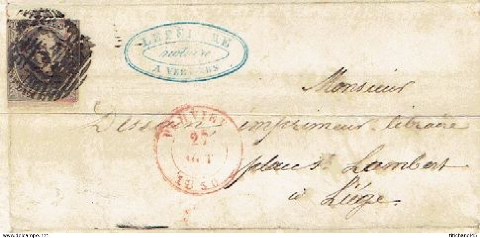 Médaillon N°3 (BDF En Dessous -touché Au Dessus) Obl P123 VERVIERS (27 OCT 1850) S/LAC + Cachet Privé FEFBVRE Notaire - 1849-1850 Medaillen (3/5)