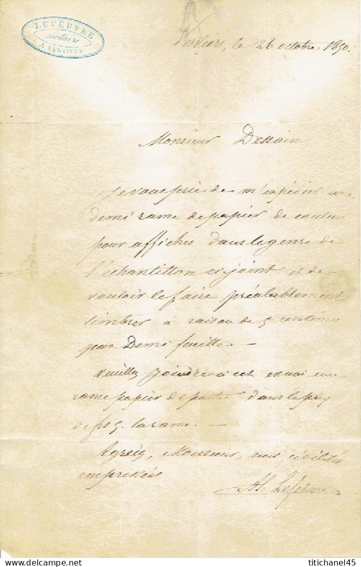 Médaillon N°3 (BDF En Dessous -touché Au Dessus) Obl P123 VERVIERS (27 OCT 1850) S/LAC + Cachet Privé FEFBVRE Notaire - 1849-1850 Medallions (3/5)