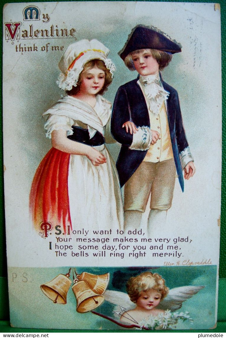 Cpa ILLUSTRATEUR Ellen CLAPSADDLE, COUPLE ENFANTS Habits  XVIII è , ANGE , 1916 ANTIQUE  DRESSED BOY & GIRL  VALENTINE - Kindertekeningen