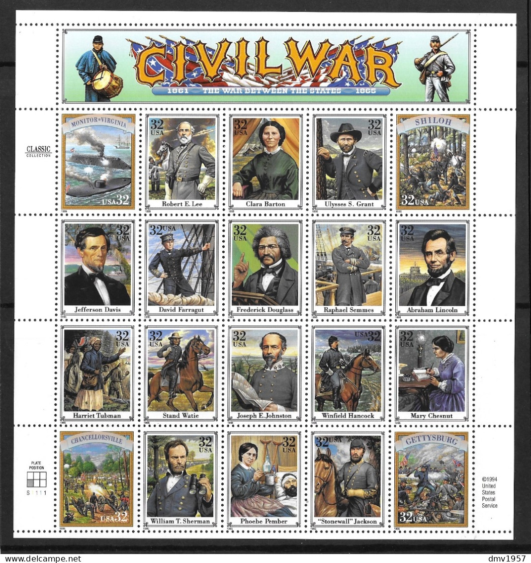 USA 1995 MNH 130th Anniv Of End Of American Civil War Sg 3059/78 Sheetlet - Feuilles Complètes