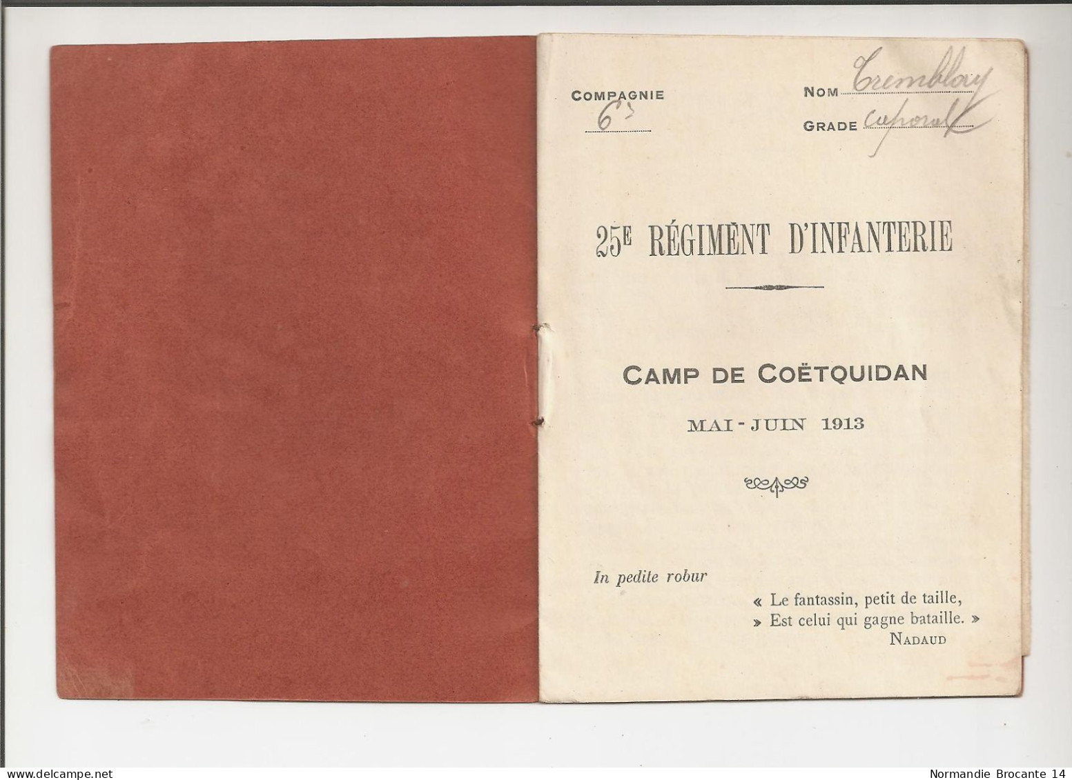 Livret De Manœuvre Du 25ème Régiment D'Infanterie (25 RI De Cherbourg) En 1913 Au Camp De Coëtquidan - Documentos