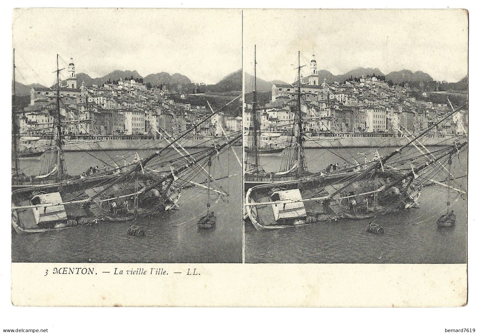 06  Menton - Carte Steroscopique -  La Vieille Ville - Bateau - Menton