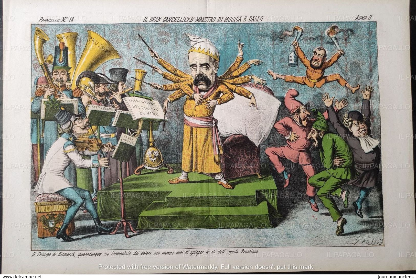 1874 Augusto GROSSI ( 1835 - 1919 ) - Journal Satirique IL PAPAGALLO - CHANCELIER MUSIQUE ET DANSE - OTTO VON BISMARCK - Ohne Zuordnung