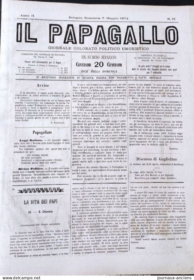 1874 Augusto GROSSI ( 1835 - 1919 ) - Journal satirique IL PAPAGALLO - CHANCELIER MUSIQUE ET DANSE - OTTO VON BISMARCK