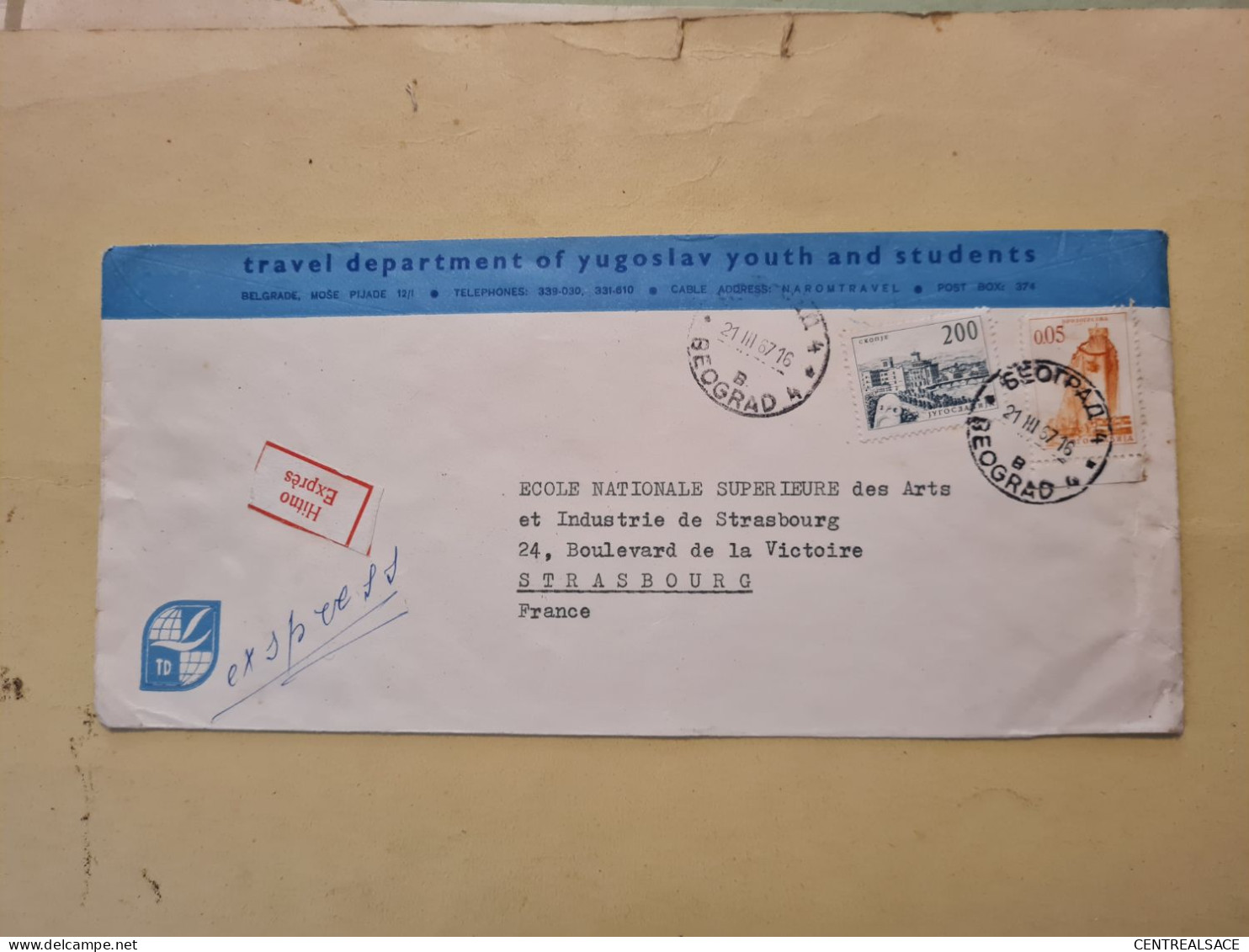 Lettre BEOGRAD 1967 TRAVEL DEPARTEMENT OF YUGOSLAV YOUTH AND STUDENTS PAR EXPRESS HITNO EXPRES - Lettres & Documents